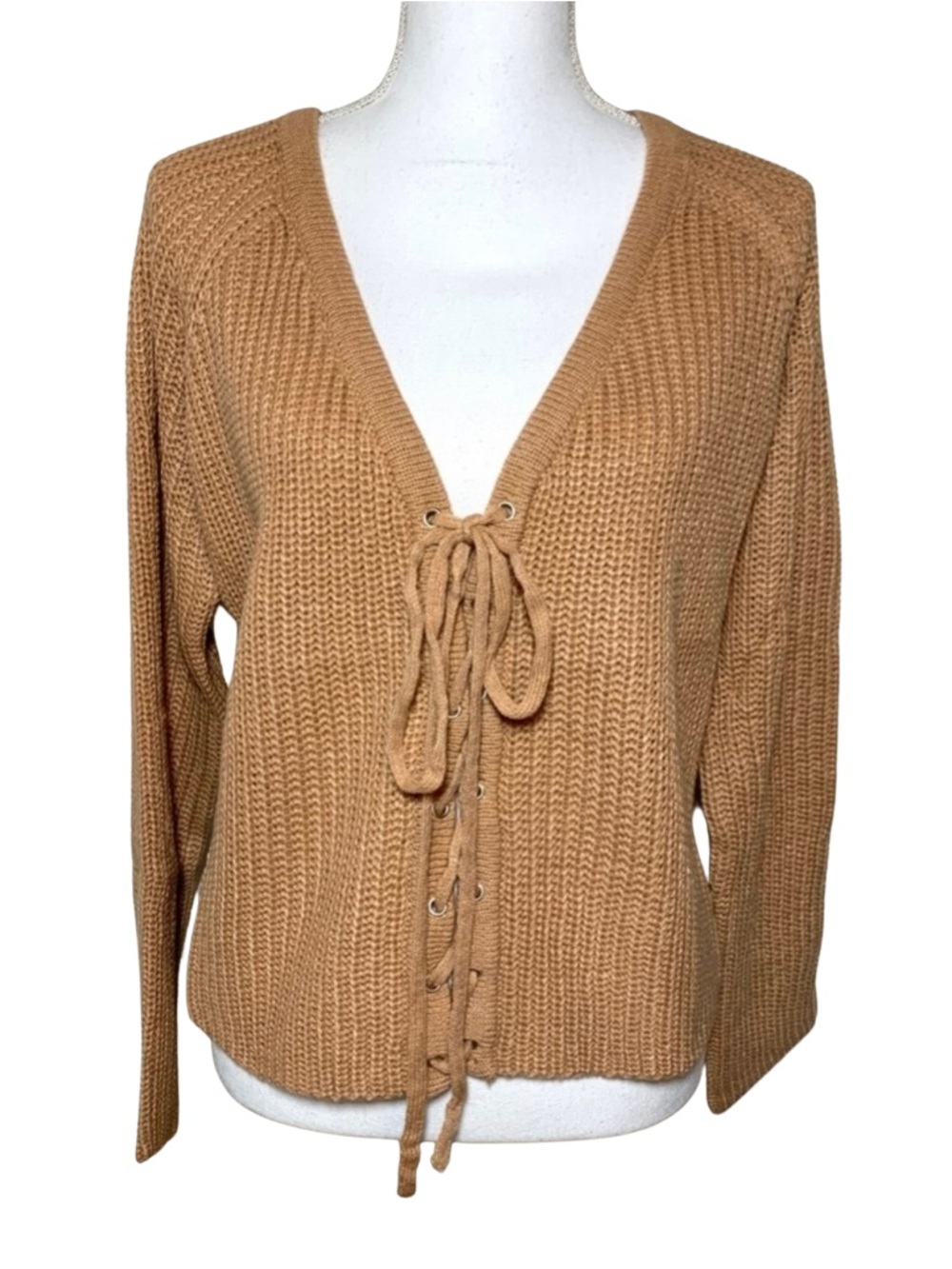 NWT Hayden Tan Lace up Cardigan V-Neck Sweater Ribbed Knit Women Medium